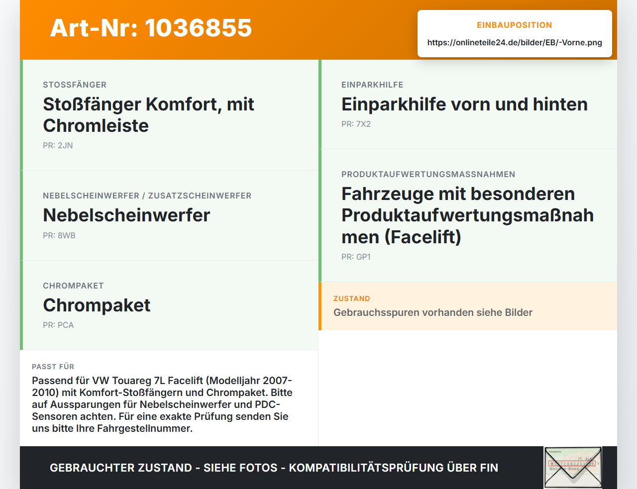 VW Touareg 7L 06-10 Lufteinlassgitter für Stoßstange Stoßfänger Vorne LR7N VW Touareg 7L 06-10 18.05.2007... Vorschau 3