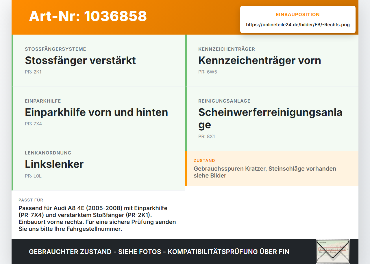 Audi A8 4E 05-08 Frontblende Frontleiste Rechts mit PDC-Ausschnitt Audi A8 4E 05-08 17.05.2006 4E0807224AB gebraucht Vorschau 3