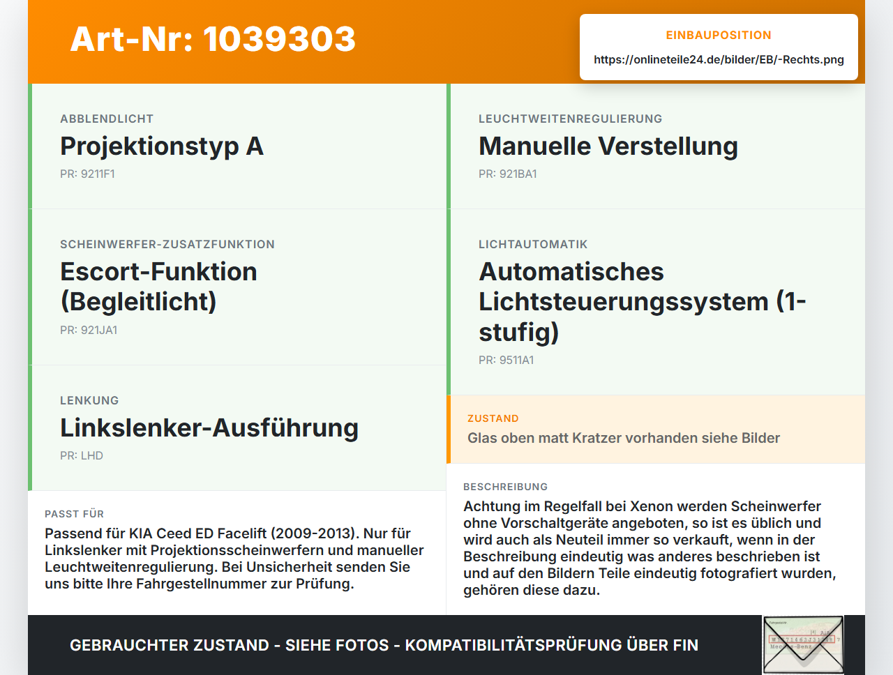 KIA Ceed ED 09-13 Scheinwerfer Frontscheinwerfer Rechts orig. KIA Ceed ED 09-13 31.10.2011 921021H070 gebraucht Vorschau 3