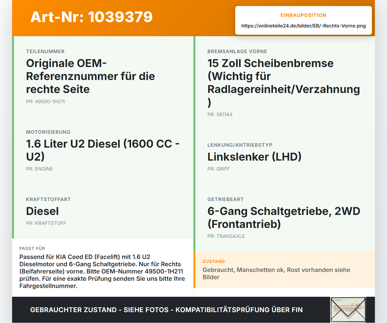 KIA Ceed ED 09-13 1,6 66KW Antriebswelle Gelenkwelle Rechts Vorne KIA Ceed ED 09-13 31.10.2011 495001H211... Vorschau 3