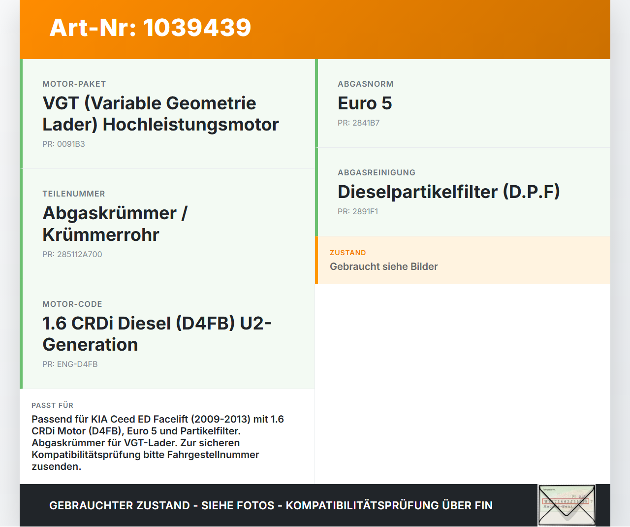 KIA Ceed ED 09-13 1,6 66KW D4FB Abgaskrümmer KIA Ceed ED 09-13 31.10.2011 285112A700 gebraucht Vorschau 3