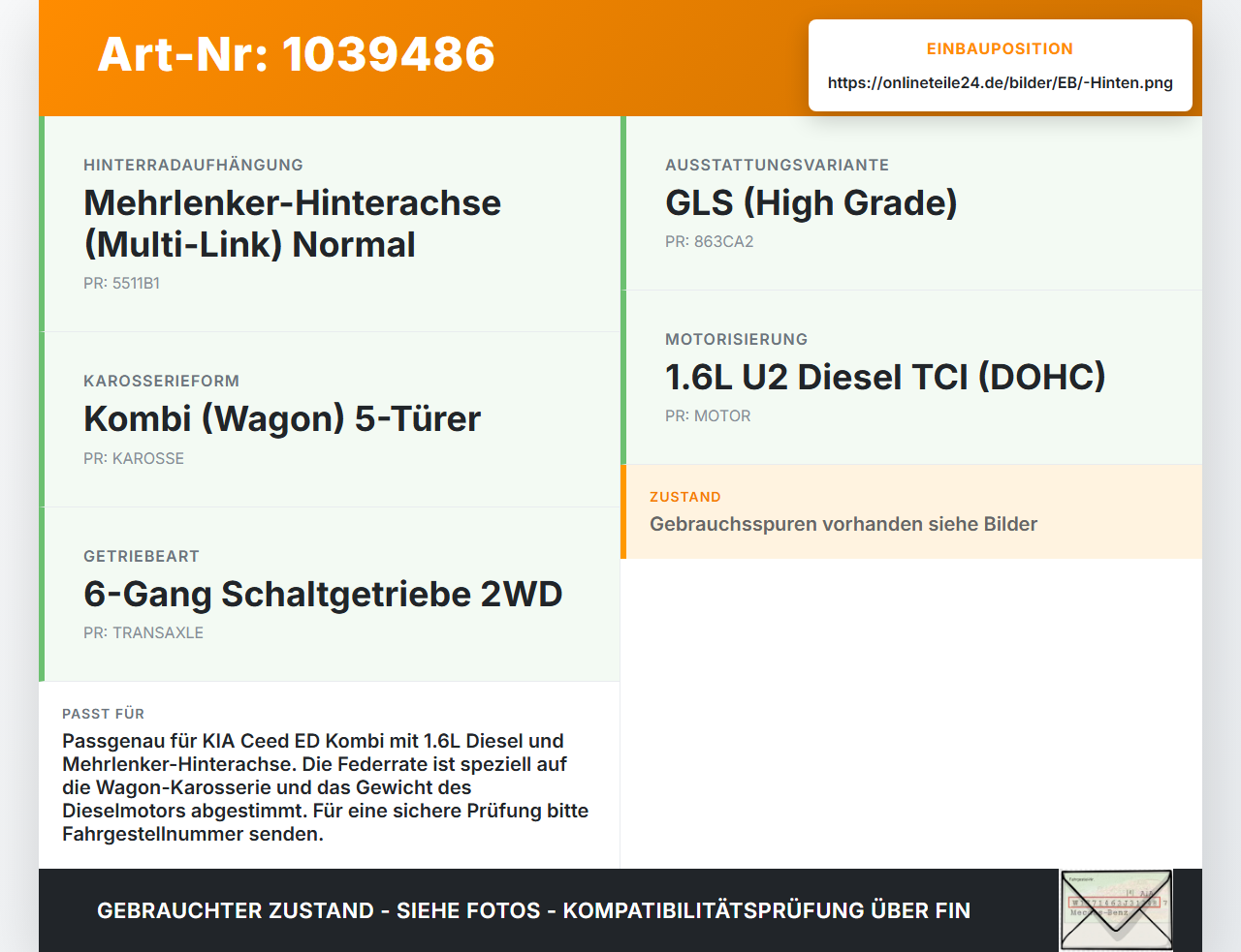 KIA Ceed ED 09-13 Kombi Beide Feder Federn Hinten KIA Ceed ED 09-13 31.10.2011 32700-2R300 55350-1H560 gebraucht Vorschau 3
