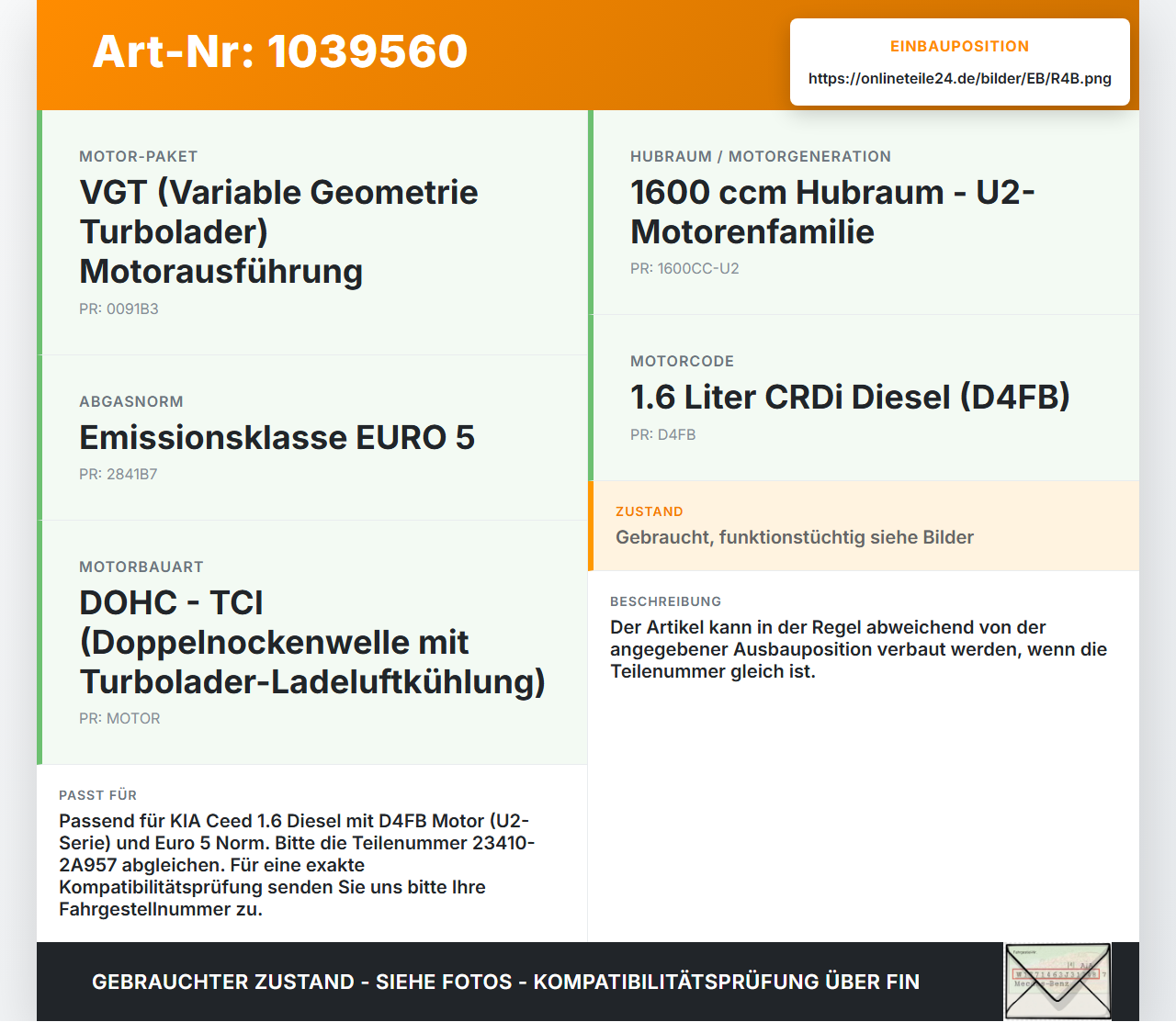KIA Ceed ED 09-13 1,6 66KW D4FB Kolben mit Pleuel Pos B KIA Ceed ED 09-13 31.10.2011 23410-2A957 gebraucht Vorschau 3