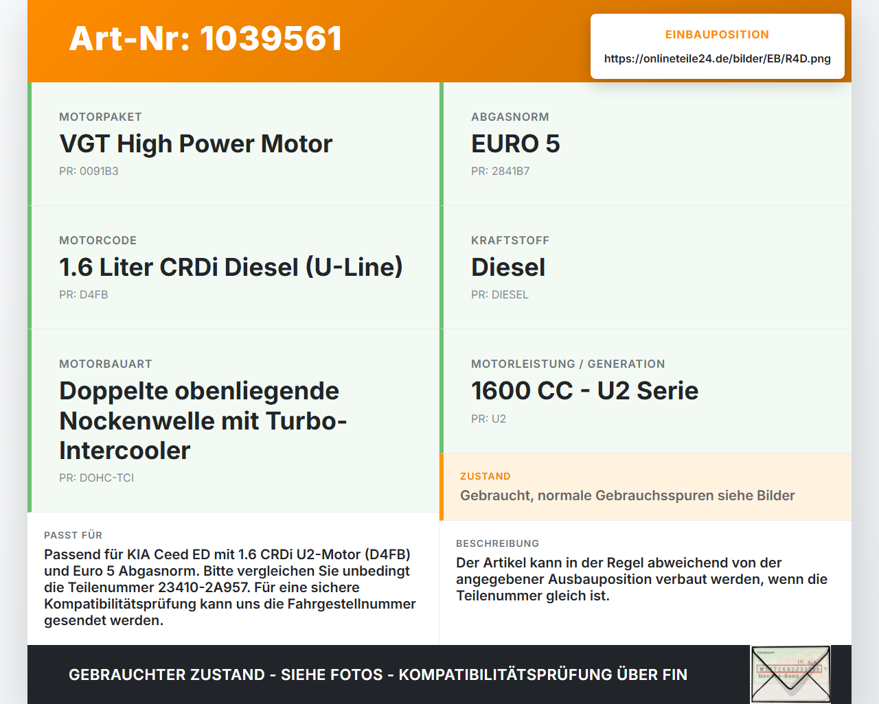 KIA Ceed ED 09-13 1,6 66KW D4FB Kolben mit Pleuel Pos D KIA Ceed ED 09-13 31.10.2011 24100-2A200 23410-2A957 gebraucht Vorschau 3