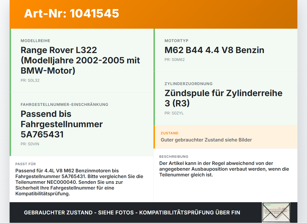 Land Range Rover III L322 02-06 4,4 210KW Zündspule Zyl.R3 Land Range Rover III L322 02-06 02.08.2002 NEC000040... Vorschau 3