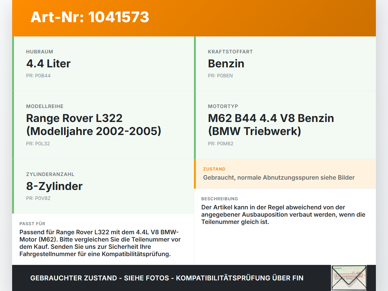 Land Range Rover III L322 02-06 4,4 210KW Einspritzdüse Einspritzventil Zyl.R4 Land Range Rover III L322 02-06... Vorschau 3