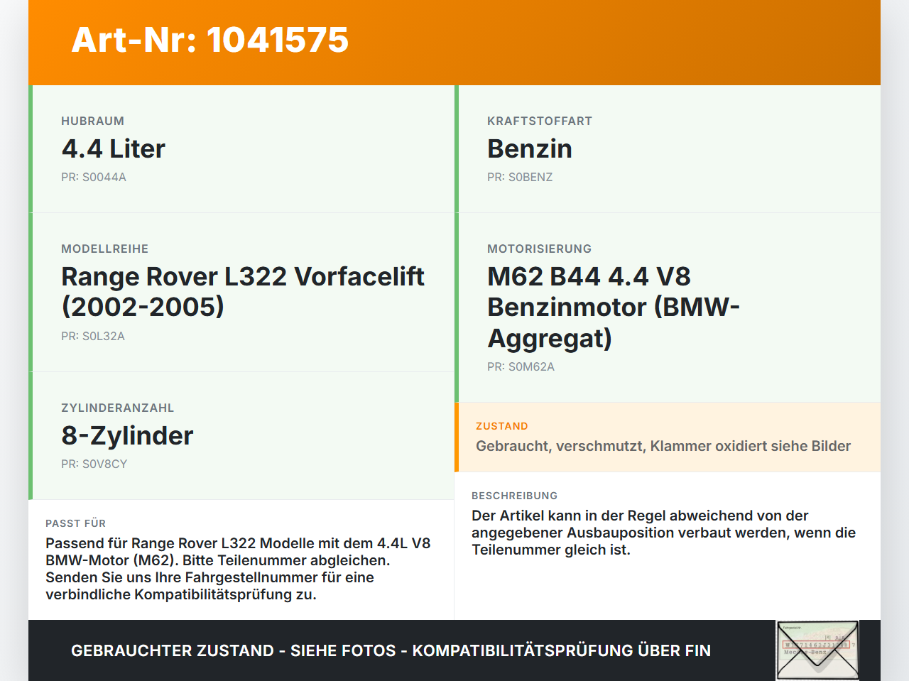 Land Range Rover III L322 02-06 4,4 210KW Einspritzdüse Einspritzventil Zyl.R1 Land Range Rover III L322 02-06... Vorschau 3