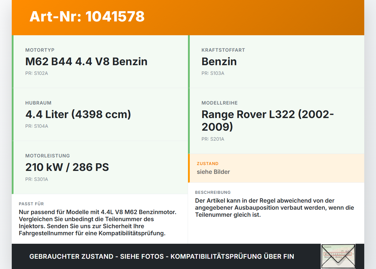 Land Range Rover III L322 02-06 4,4 210KW Injektor Einspritzdüse Rail Zyl.4 Land Range Rover III L322 02-06... Vorschau 3