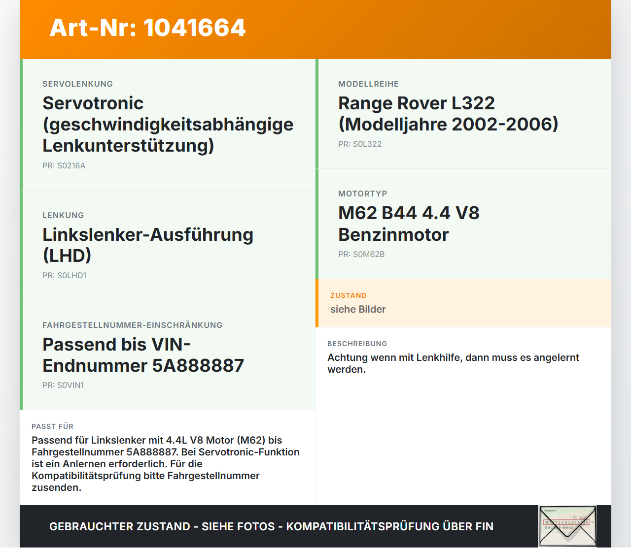 Land Range Rover III L322 02-06 Lenkgetriebe Servolenkung Land Range Rover III L322 02-06 02.08.2002 QEB000051 gebraucht Vorschau 3
