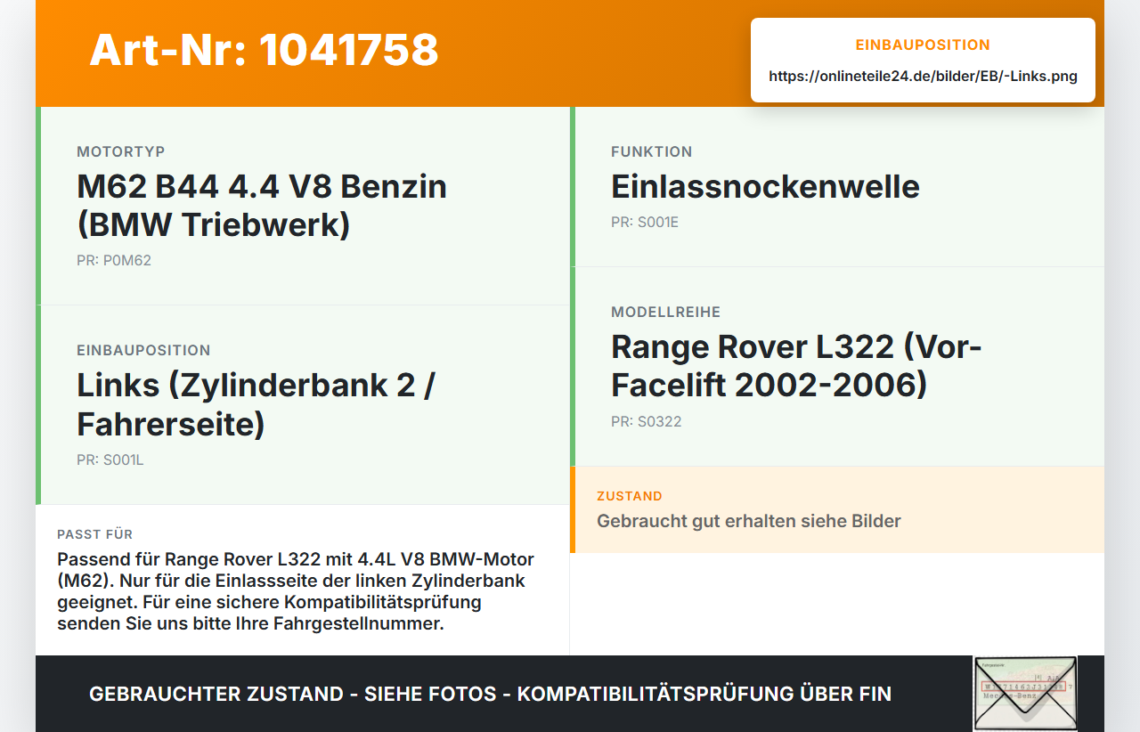 Land Range Rover III L322 02-06 4,4 210KW M62 B44 Nockenwelle Links Einlass Land Range Rover III L322 02-06... Vorschau 3