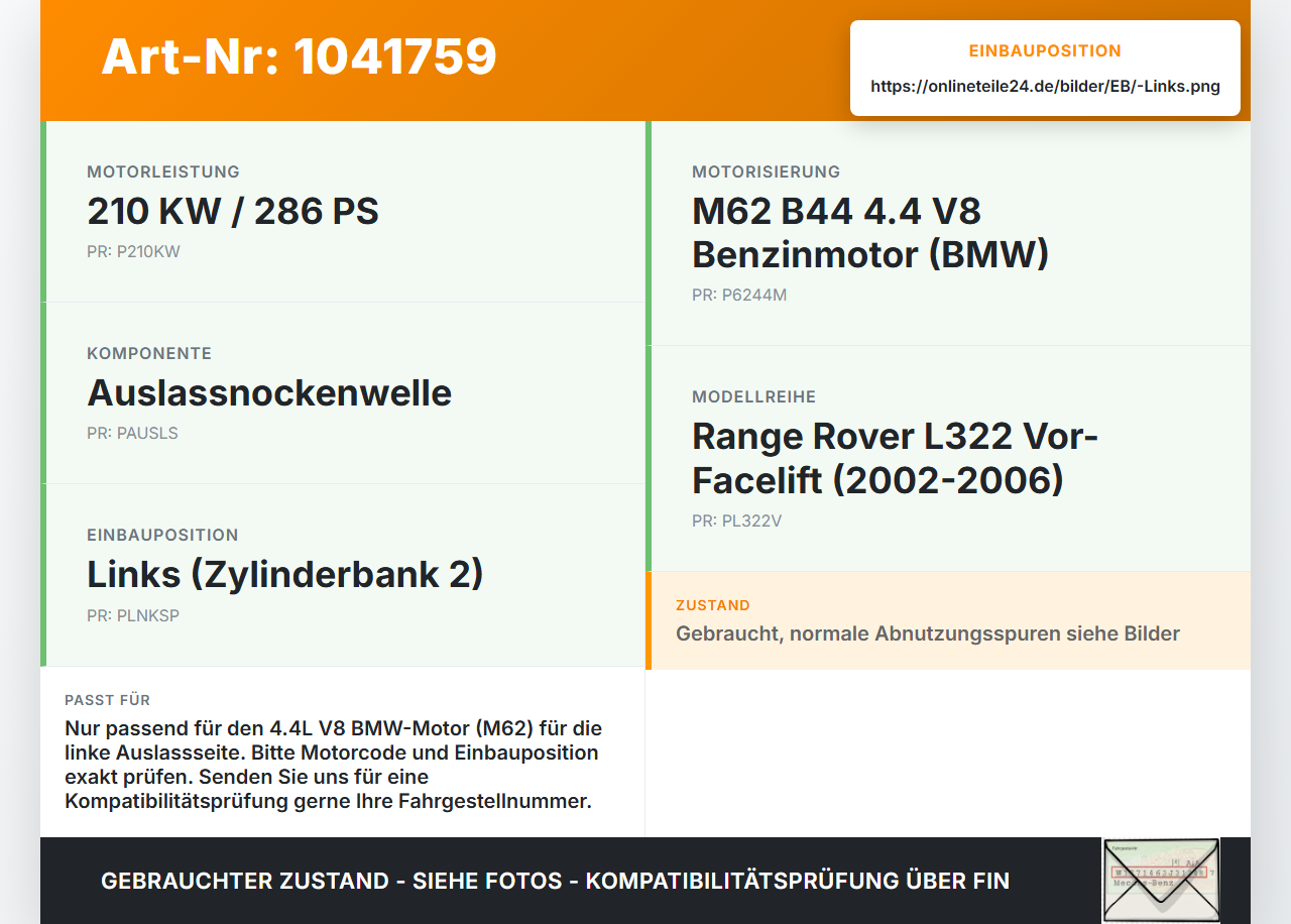Land Range Rover III L322 02-06 4,4 210KW M62 B44 Nockenwelle Links Auslass Land Range Rover III L322 02-06... Vorschau 3