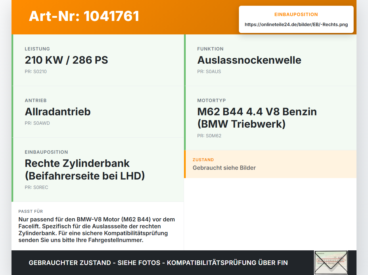 Land Range Rover III L322 02-06 4,4 210KW M62 B44 Nockenwelle Rechts Auslass Land Range Rover III L322 02-06... Vorschau 3