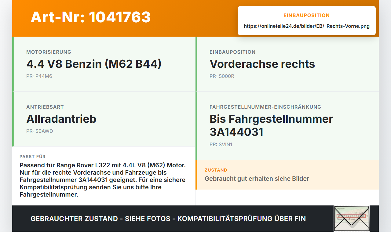 Land Range Rover III L322 02-06 4,4 210KW Autom 4WD Antriebswelle Gelenkwelle Rechts Vorne Land Range Rover III... Vorschau 3