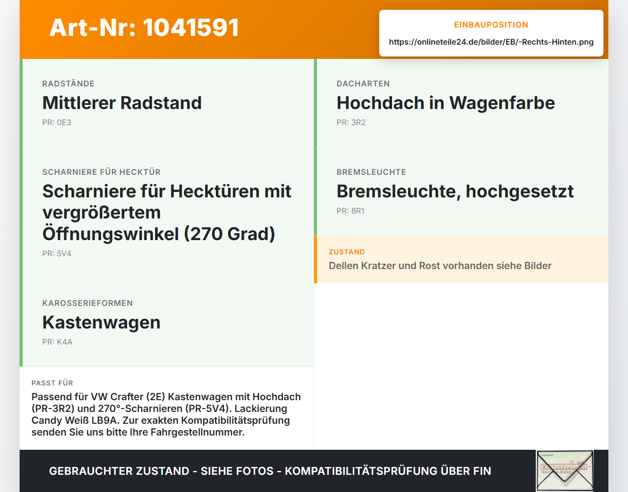 VW Crafter 2E 35 11-16 Kasten Flügeltür Hecktür Hinten Rechts Weiß LB9A VW Crafter 2E 35 11-16 07.10.2016... Vorschau 3