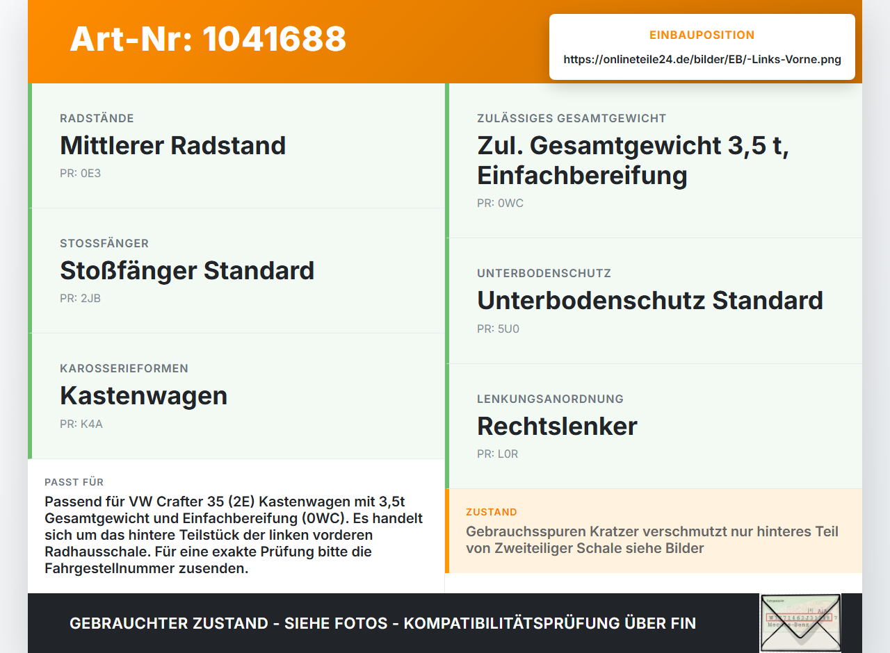 VW Crafter 2E 35 11-16 Verkleidung Radhausschale Links Vorne für Kotflügel Hinterstück VW Crafter 2E 35 11-16... Vorschau 3