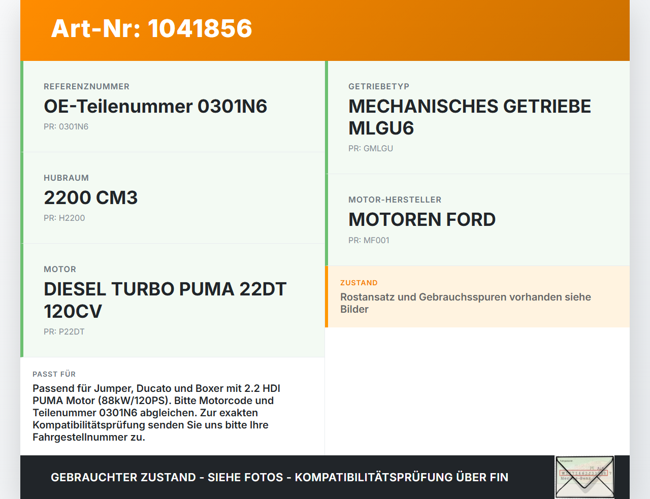 Jumper Ducato 250 06-14 HDI 2,2 88KW PUMA 22DT Ölwanne Motorwanne Jumper Ducato 250 06-14 20.04.2007 0301N6 gebraucht Vorschau 3