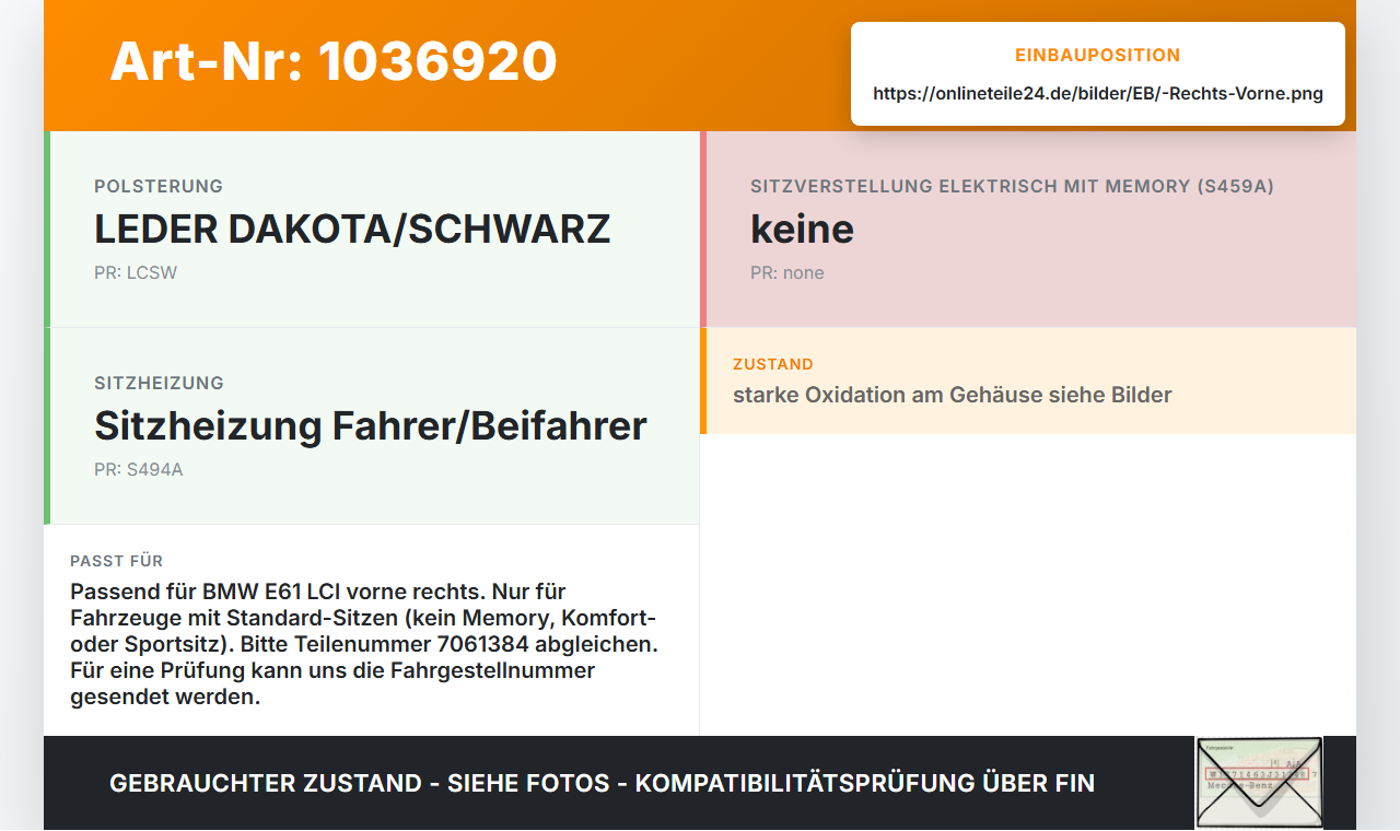 BMW 5er E61 LCI 07-10 Rechts Vorne Sitz Verstellung Motor Stellmotor BMW 5er E61 LCI 07-10 30.06.2009 9146332... Vorschau 3