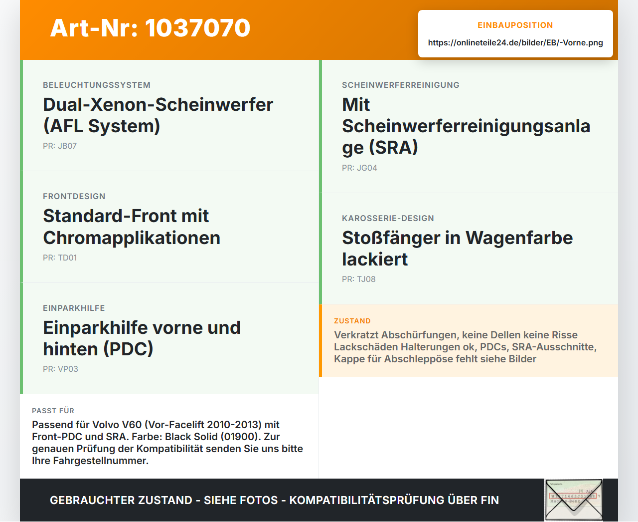 Volvo V60 D4 10-13 Stoßstange Stoßfänger Frontschürze Vorne 01900 Volvo V60 D4 10-13 24.03.2011 39802500 gebraucht Vorschau 3