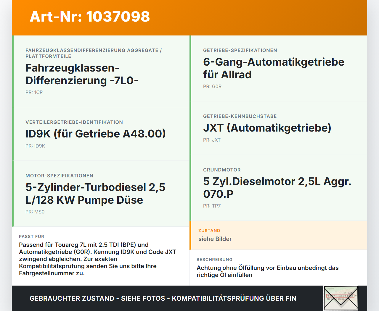 VW Touareg 7L 06-10 TDI 2,5 120KW 4WD Verteilergetriebe ID9K für Getriebe A48.00 VW Touareg 7L 06-10 18.05.2007... Vorschau 3