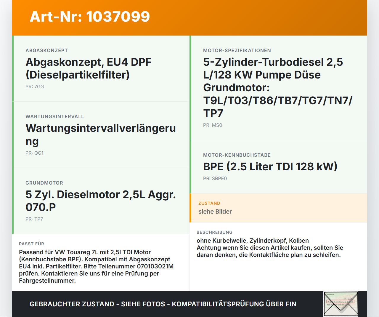 VW Touareg 7L 06-10 TDI 2,5 120KW BPE Motorblock für Motor BPE VW Touareg 7L 06-10 18.05.2007 070103021M gebraucht Vorschau 3