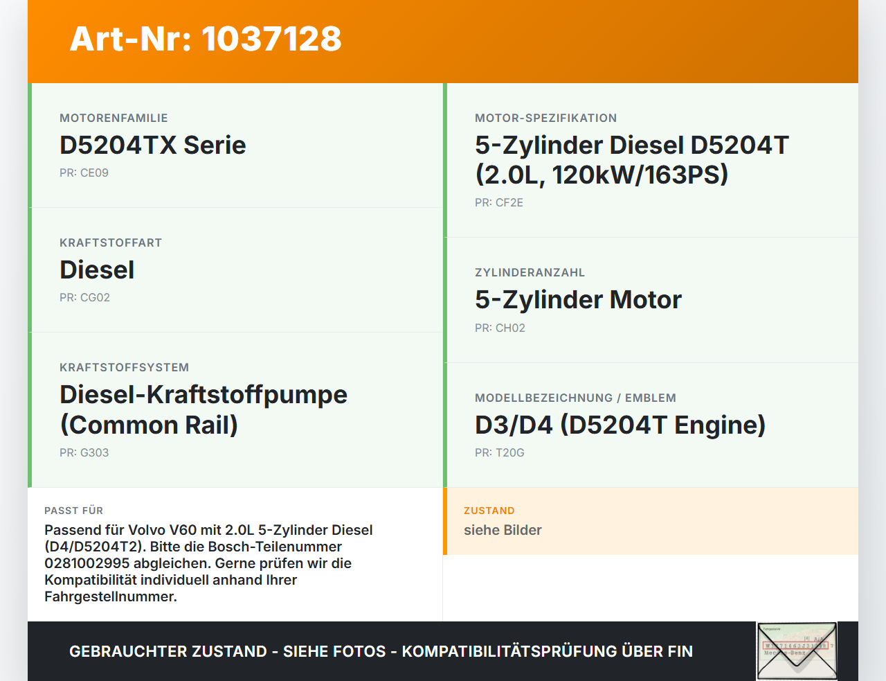 Volvo V60 D4 10-13 2,0d 120KW Railsensor Drucksensor Volvo V60 D4 10-13 24.03.2011 0281002995 gebraucht Vorschau 3