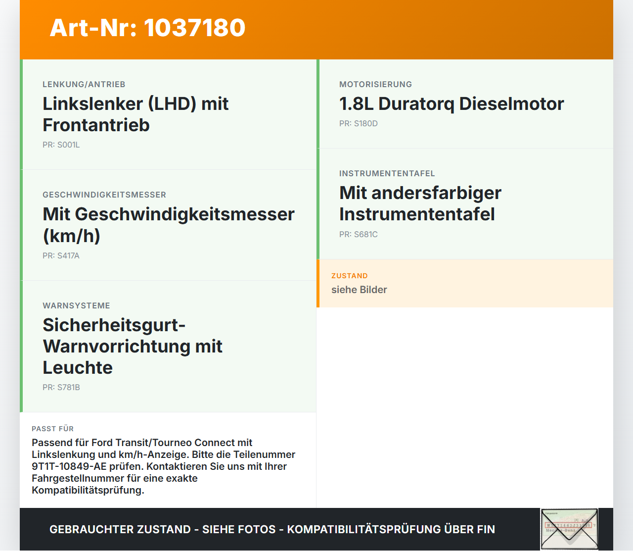 Ford Tourneo Connect 09-13 2,0d 75KW Kombiinstrument Tacho Ford Tourneo Connect 09-13 26.09.2012 9T1T-10849-AE gebraucht Vorschau 3