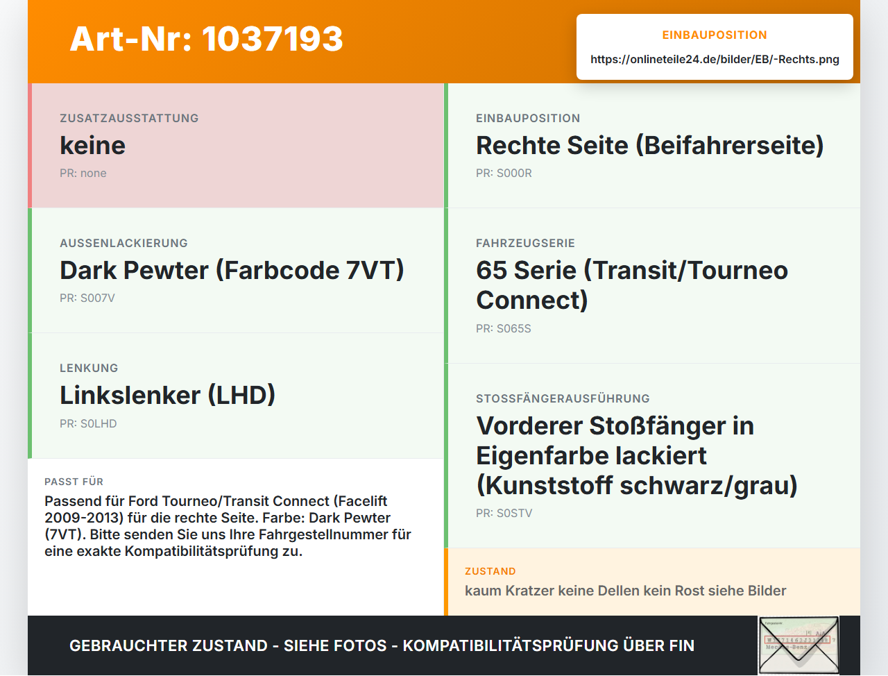 Ford Tourneo Connect 09-13 Kotflügel Rechts 7VT Ford Tourneo Connect 09-13 26.09.2012 gebraucht Vorschau 3