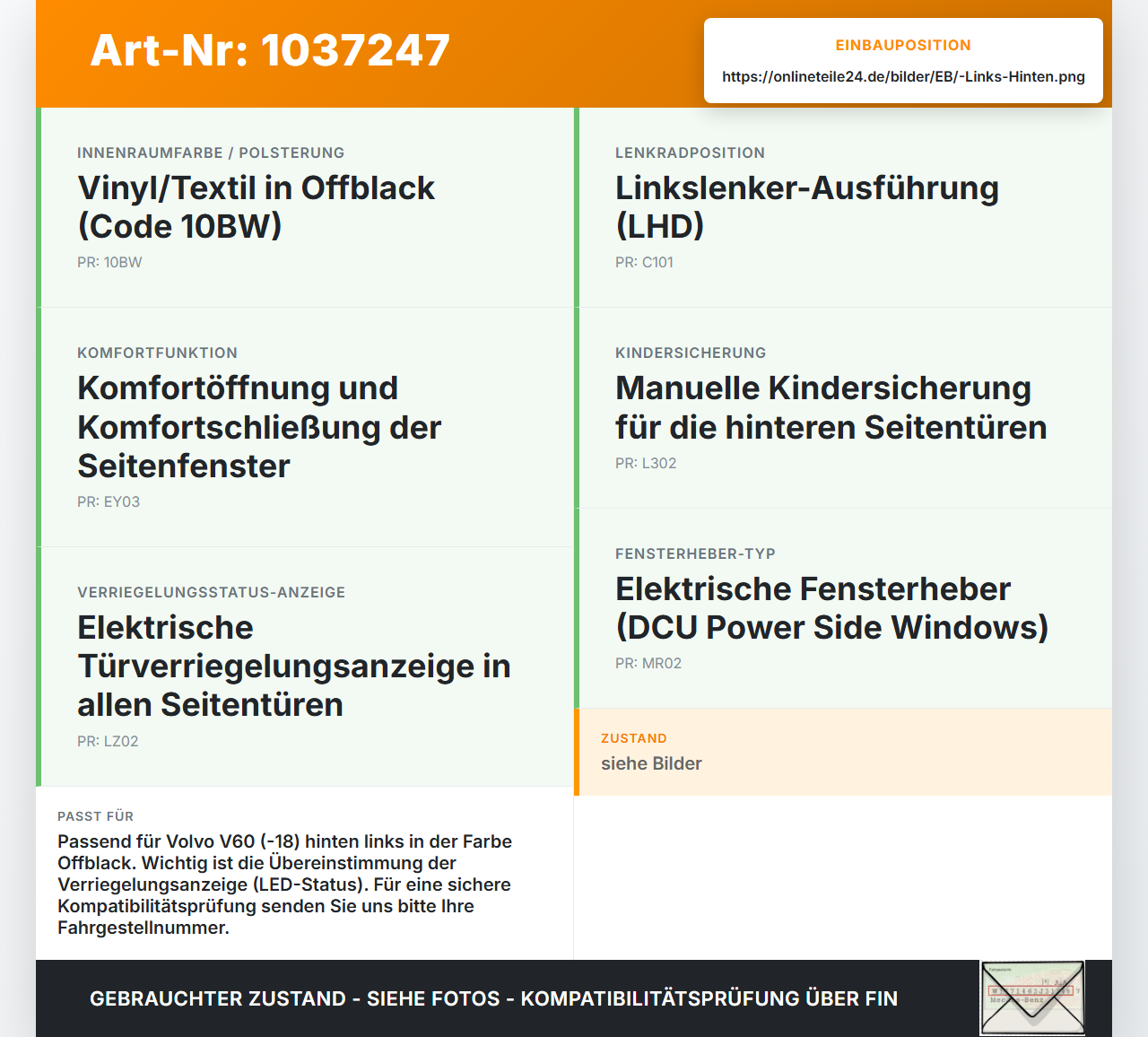 Volvo V60 D4 10-13 Kombi Fensterheberschalter Schalter Links Hinten Volvo V60 D4 10-13 24.03.2011 31272013 gebraucht Vorschau 3