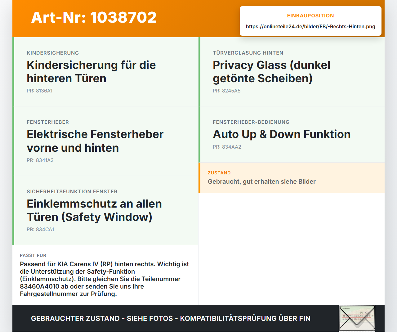 KIA Carens RP IV 13-19 Fensterheber o. FH-Motor Hinten Rechts KIA Carens RP IV 13-19 29.08.2014 83481A4010... Vorschau 3