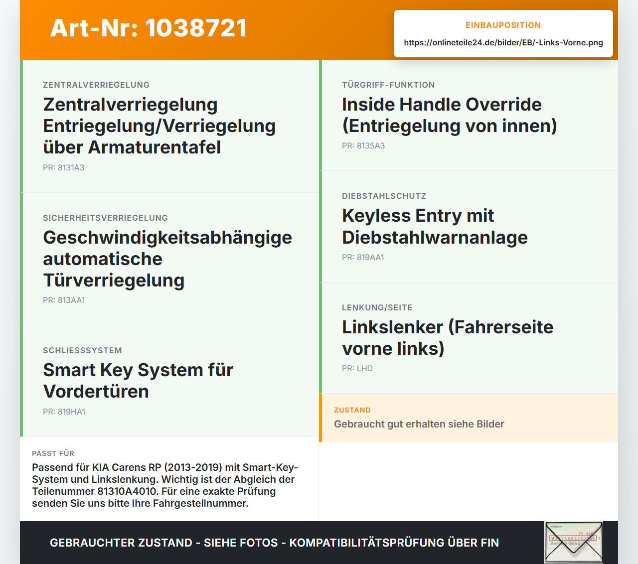KIA Carens RP IV 13-19 Türschloss m. ZV Stellmotor Links Vorne KIA Carens RP IV 13-19 29.08.2014 81310A4010... Vorschau 3