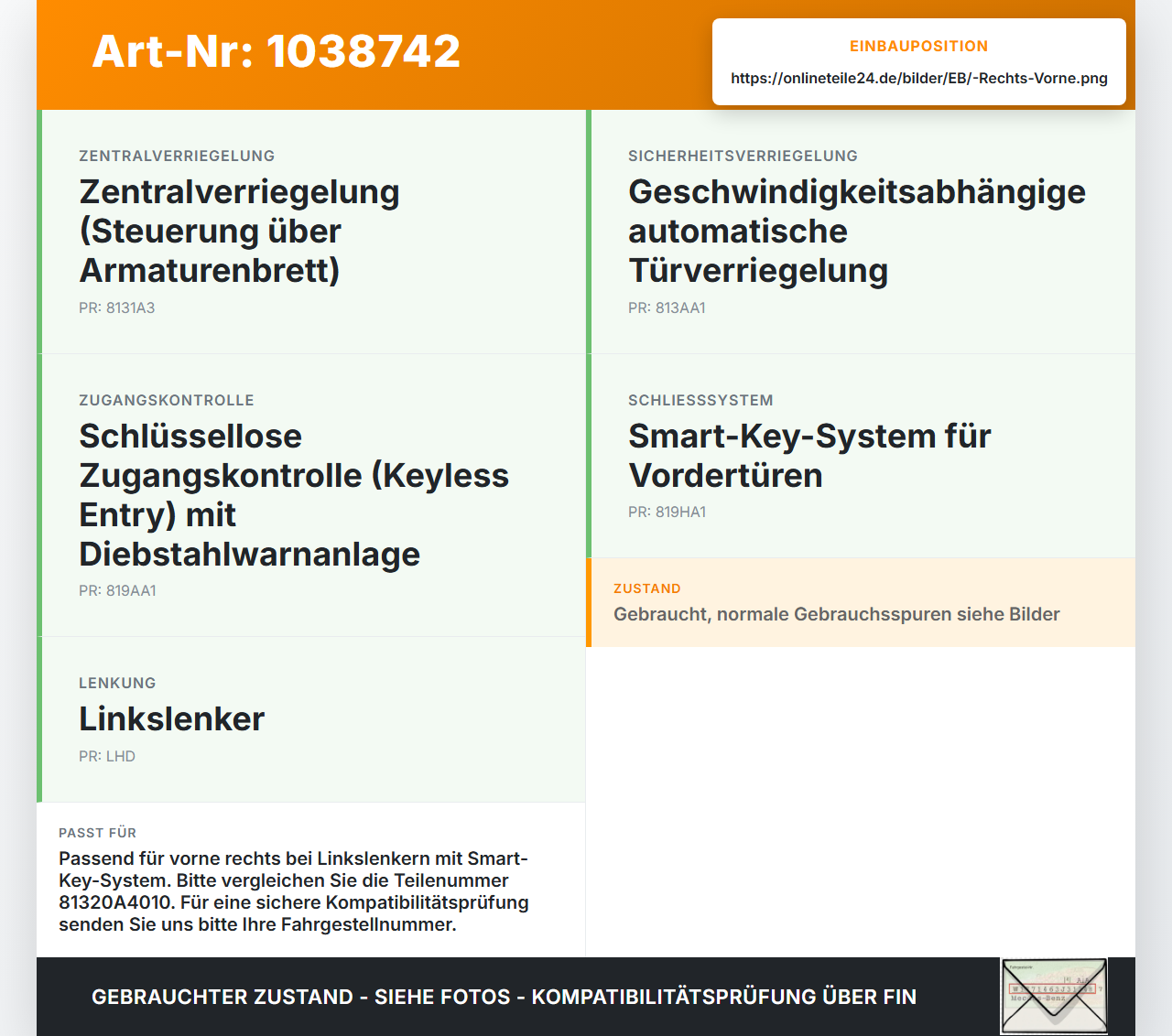 KIA Carens RP IV 13-19 Türschloss m. ZV Stellmotor Rechts Vorne KIA Carens RP IV 13-19 29.08.2014 81320A4010... Vorschau 3
