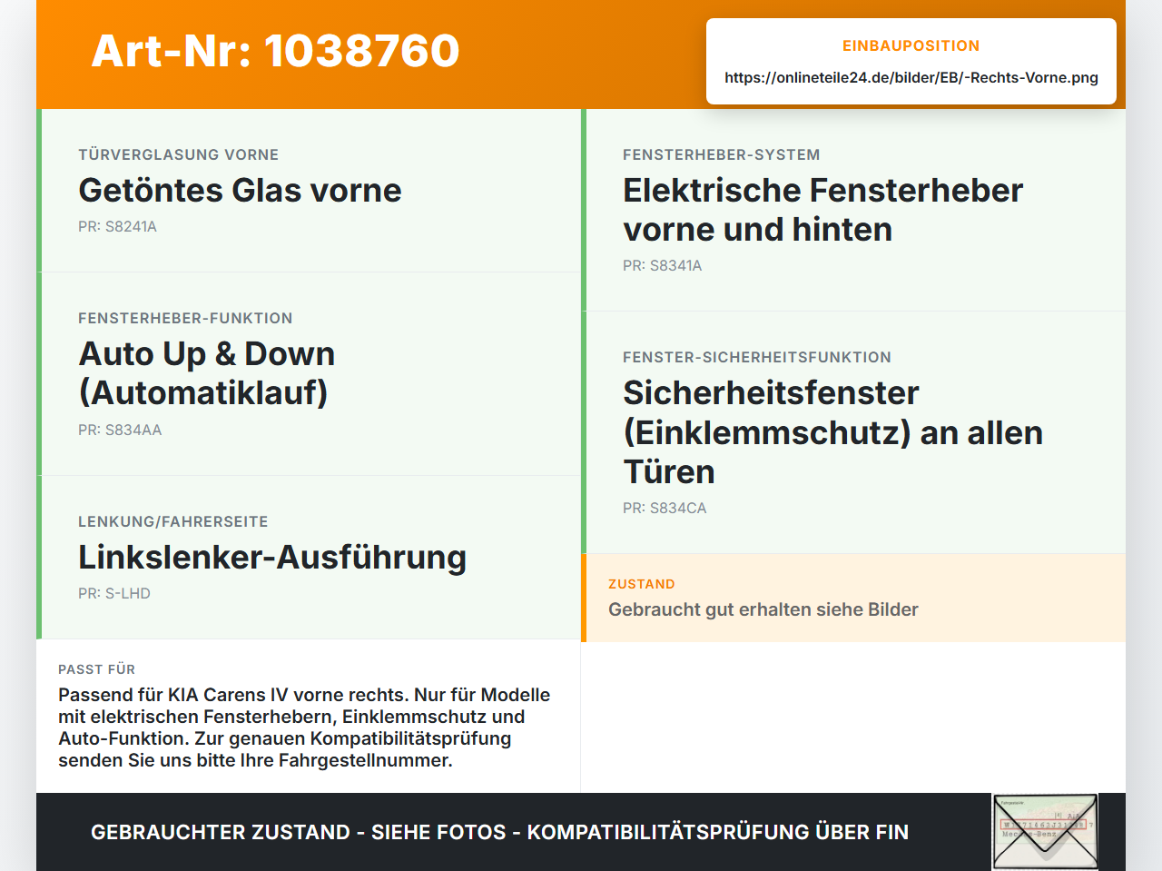 KIA Carens RP IV 13-19 Fensterheber o. FH-Motor Rechts Vorne KIA Carens RP IV 13-19 29.08.2014 82460A4010... Vorschau 3