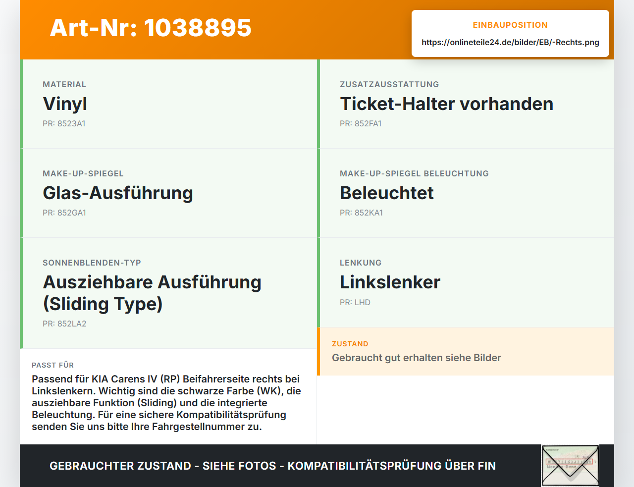 KIA Carens RP IV 13-19 Sonnenblende Rechts für Beifahrer KIA Carens RP IV 13-19 29.08.2014 85220A4600WK gebraucht Vorschau 3
