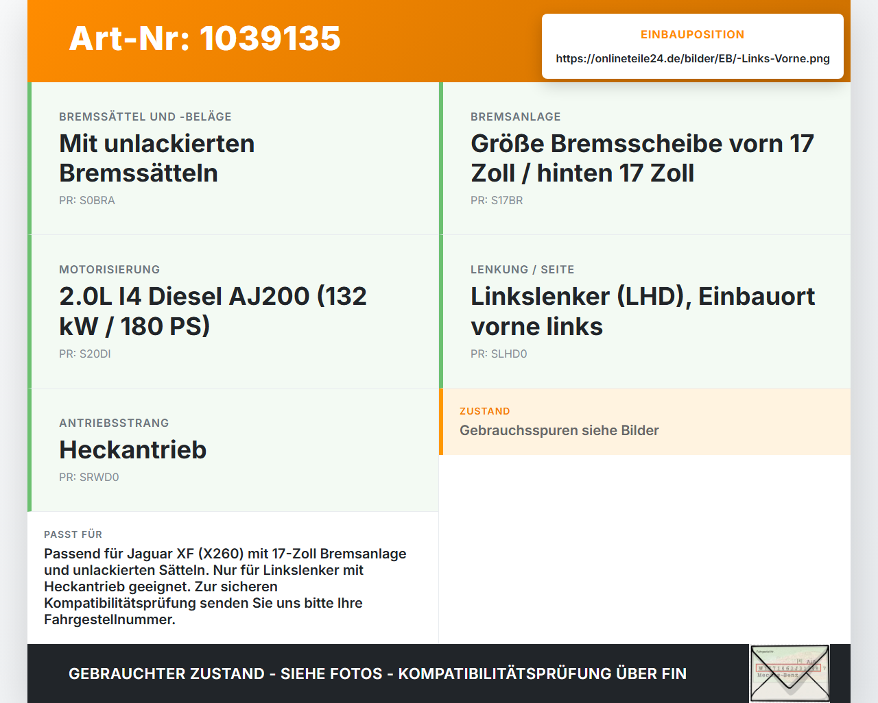 Jaguar XF X260 15-20 2,0d 132KW Bremssattel Bremszange Vorne Links TRW Jaguar XF X260 15-20 20.06.2017 T2H22654... Vorschau 3