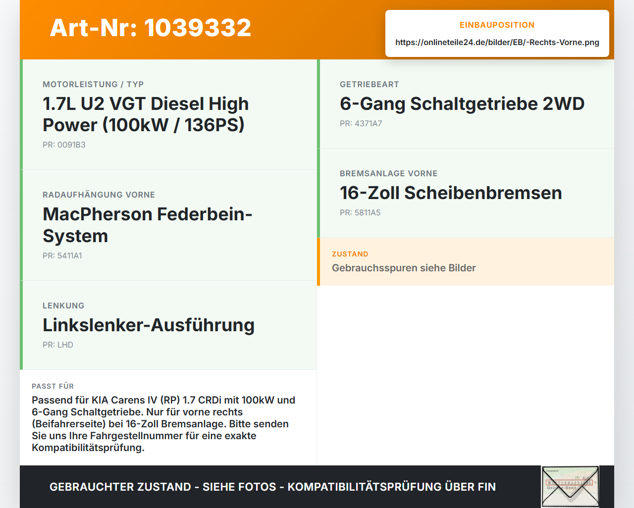 KIA Carens RP IV 13-19 CRDi 1,7 100KW Antriebswelle Gelenkwelle Rechts Vorne KIA Carens RP IV 13-19 29.08.2014... Vorschau 3