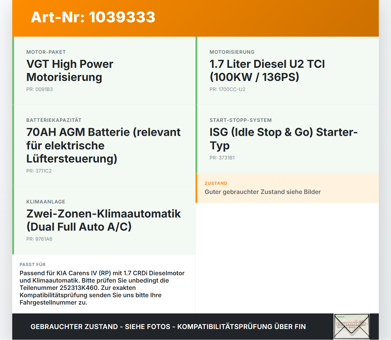 KIA Carens RP IV 13-19 CRDi 1,7 100KW Lüfter Ventilator f. Kühler KIA Carens RP IV 13-19 29.08.2014 252313K460 gebraucht Vorschau 3