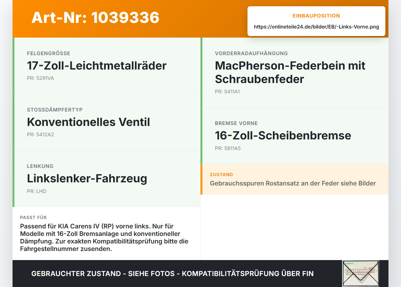 KIA Carens RP IV 13-19 Federbein Stossdämpfer Vorne Links KIA Carens RP IV 13-19 29.08.2014 54650A4050 gebraucht Vorschau 3