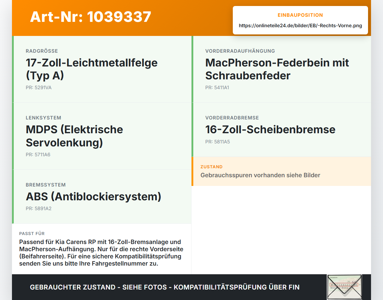 KIA Carens RP IV 13-19 CRDi 1,7 100KW Achsschenkel Radnabe Rechts Vorne KIA Carens RP IV 13-19 29.08.2014... Vorschau 3