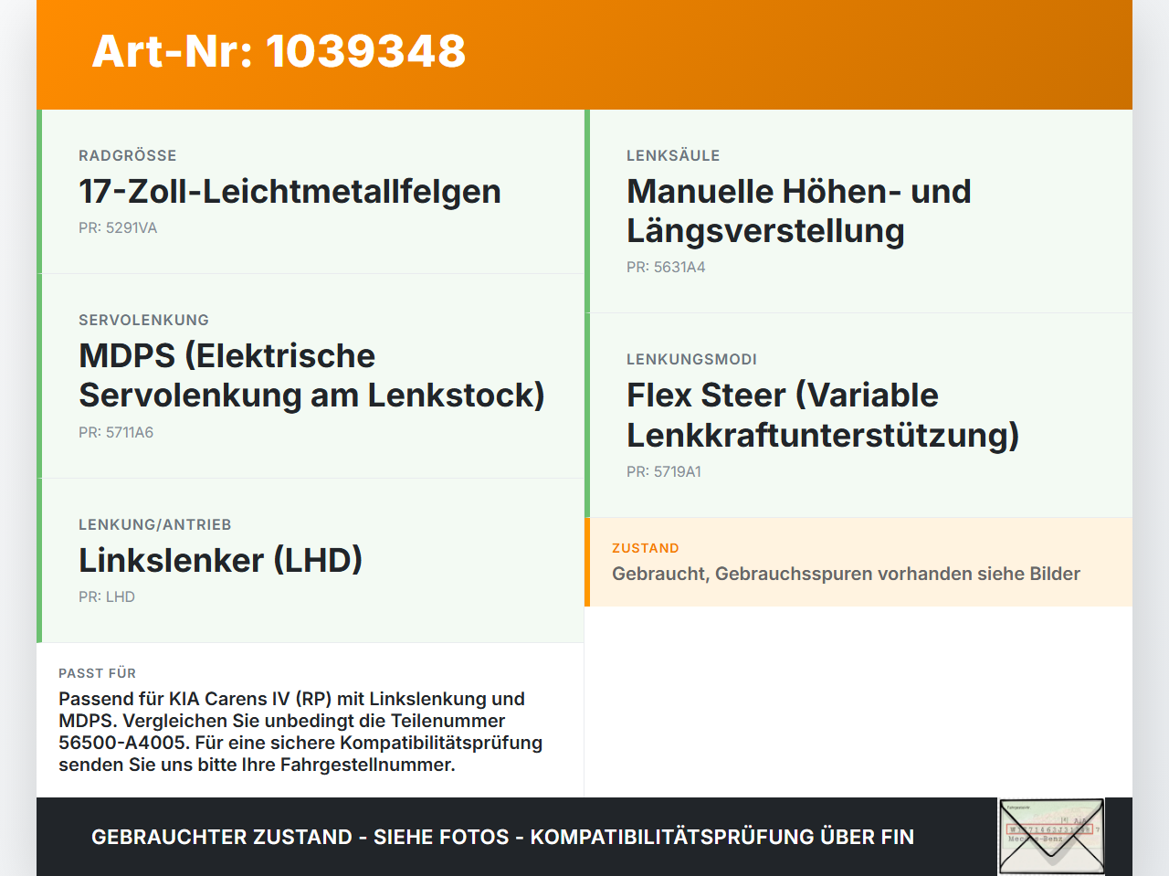 KIA Carens RP IV 13-19 Lenkgetriebe ohne Servolenkung KIA Carens RP IV 13-19 29.08.2014 56500A4005 56500-A4005 gebraucht Vorschau 3