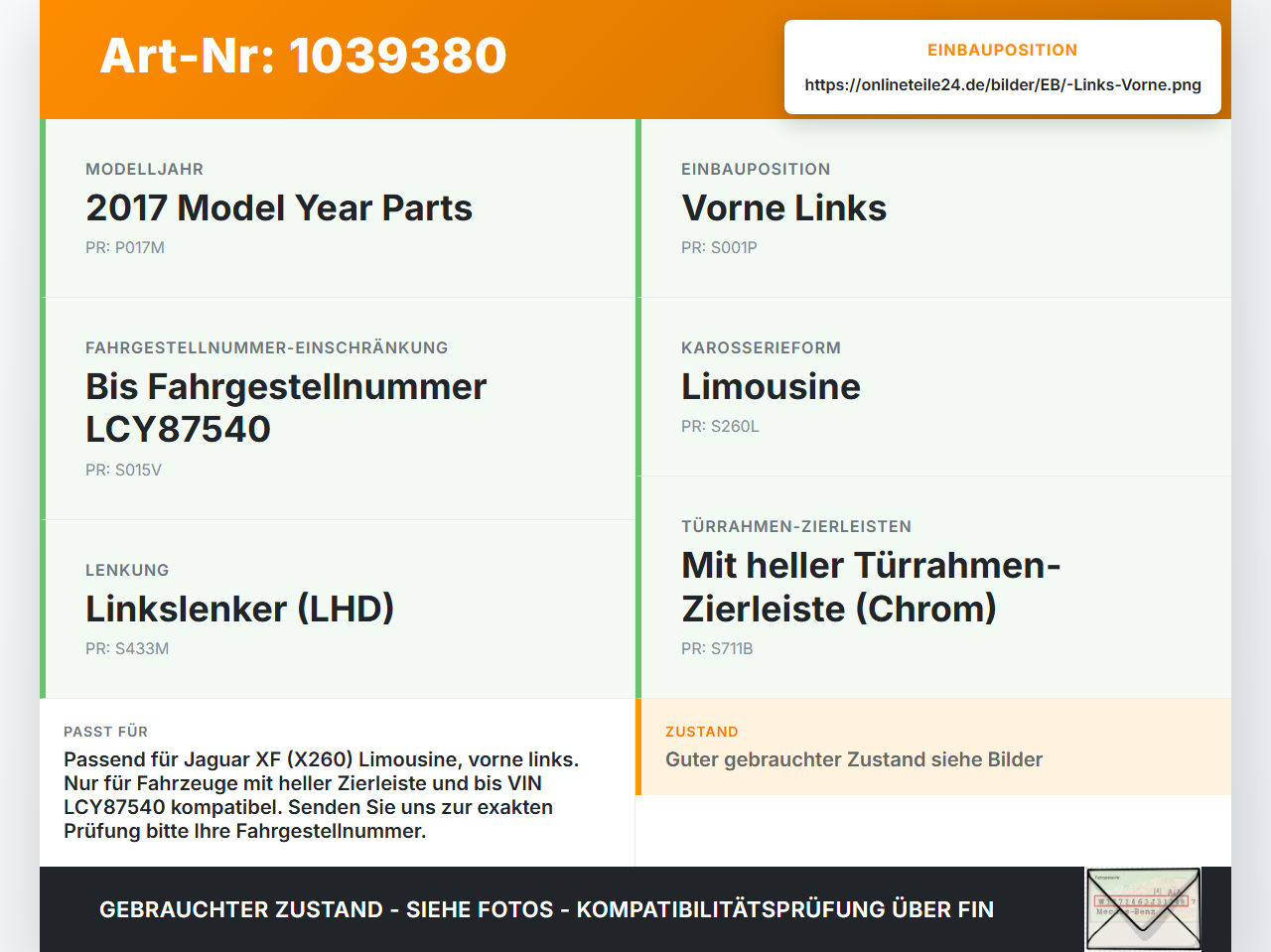 Jaguar XF X260 15-20 Lim Dichtung für Rahmen Tür Links Vorne Jaguar XF X260 15-20 20.06.2017 T2H1224 gebraucht Vorschau 3