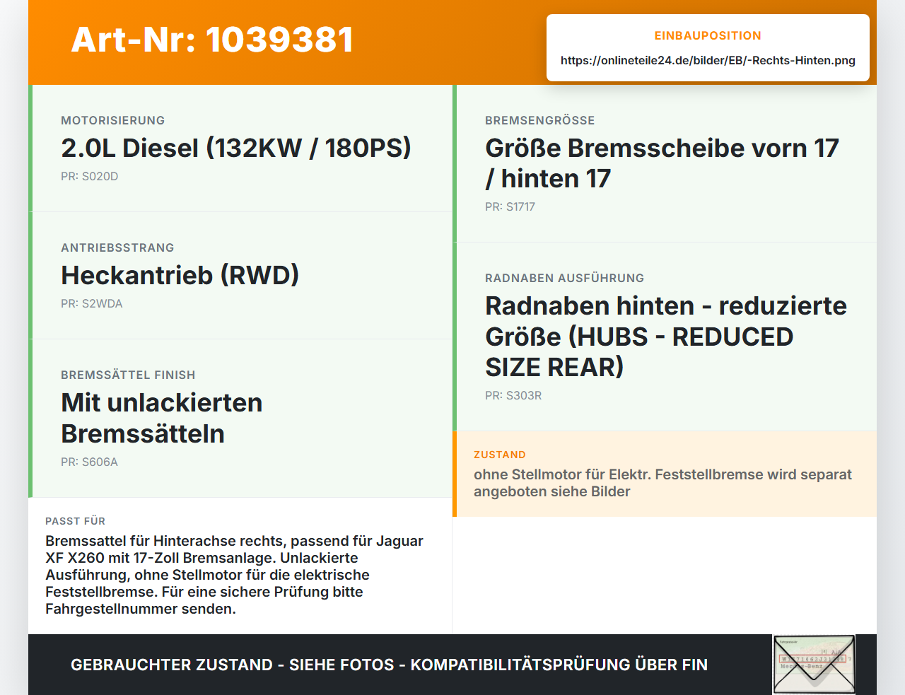 Jaguar XF X260 15-20 2,0d 132KW Bremssattel Bremszange Hinten Rechts Jaguar XF X260 15-20 20.06.2017 T2H7433 A426M... Vorschau 3