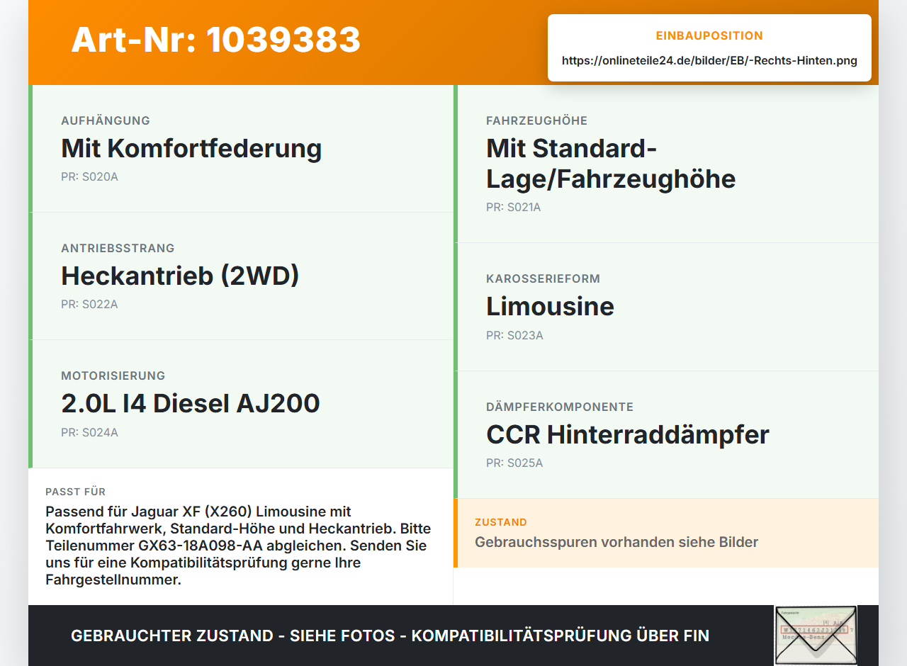 Jaguar XF X260 15-20 Lim Stossdämpfer Rechts Hinten Jaguar XF X260 15-20 20.06.2017 T2H4366 GX63-18A098-AA gebraucht Vorschau 3