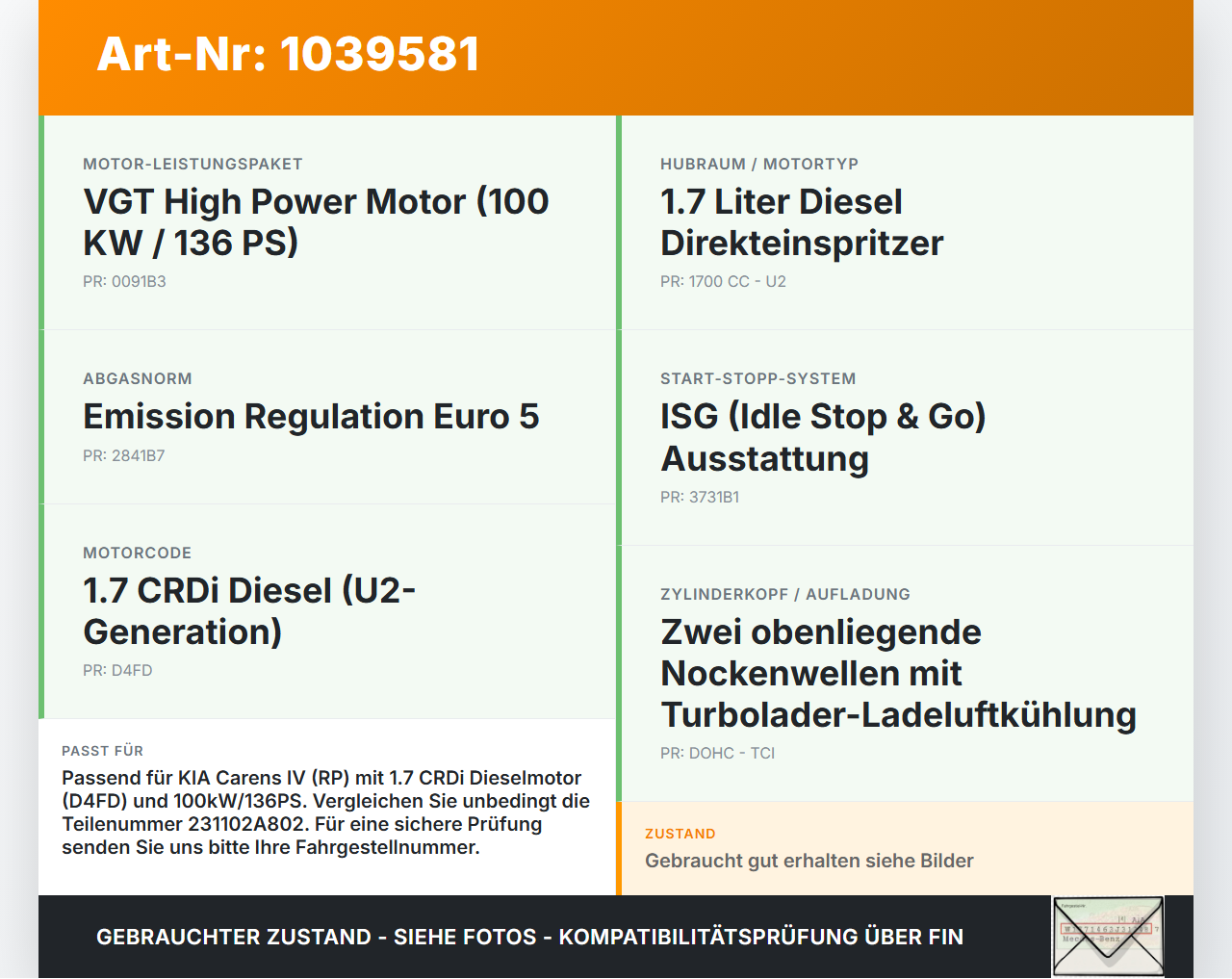 KIA Carens RP IV 13-19 CRDi 1,7 100KW D4FD Kurbelwelle KIA Carens RP IV 13-19 29.08.2014 231102A802 gebraucht Vorschau 3