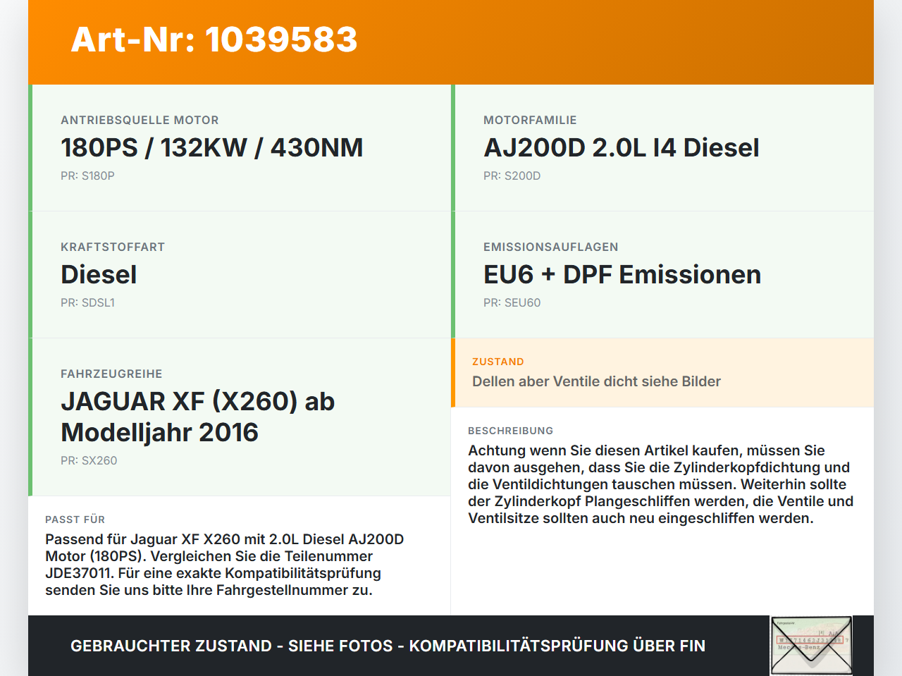Jaguar XF X260 15-20 2,0d 132KW AJ200D Zylinderkopf Jaguar XF X260 15-20 20.06.2017 JDE37011 gebraucht Vorschau 3