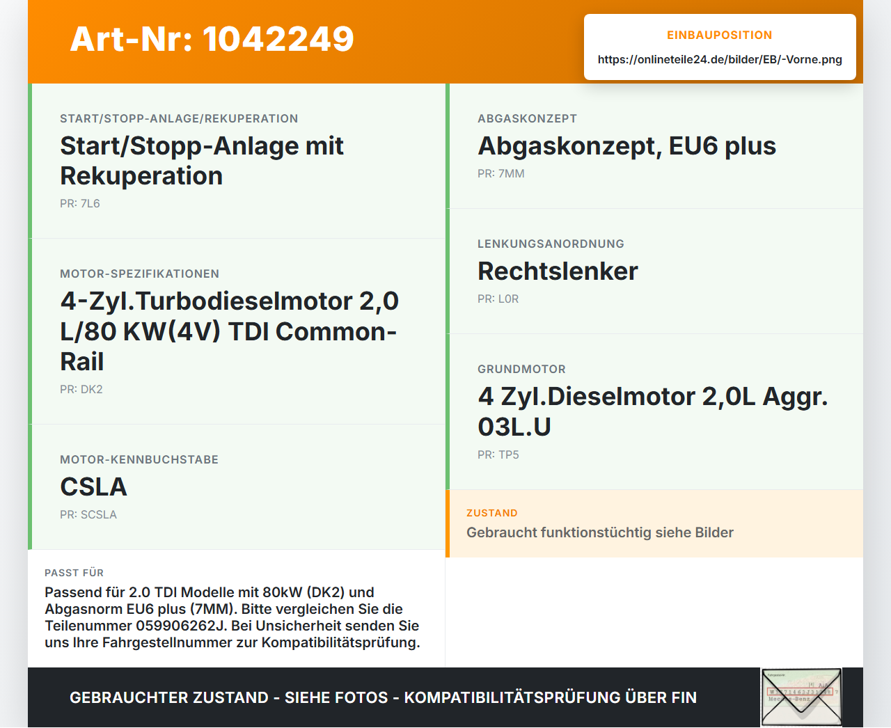 VW Crafter 2E 35 11-16 TDI 2,0 80KW Lambdasonde Vorne VW Crafter 2E 35 11-16 07.10.2016 059906262J 059906262 gebraucht Vorschau 3
