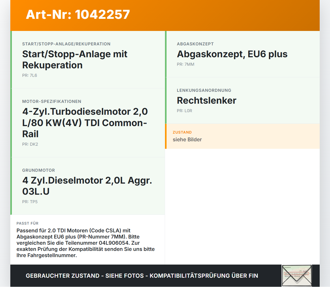 VW Crafter 2E 35 11-16 TDI 2,0 80KW Railsensor Drucksensor VW Crafter 2E 35 11-16 07.10.2016 04L906054 gebraucht Vorschau 3
