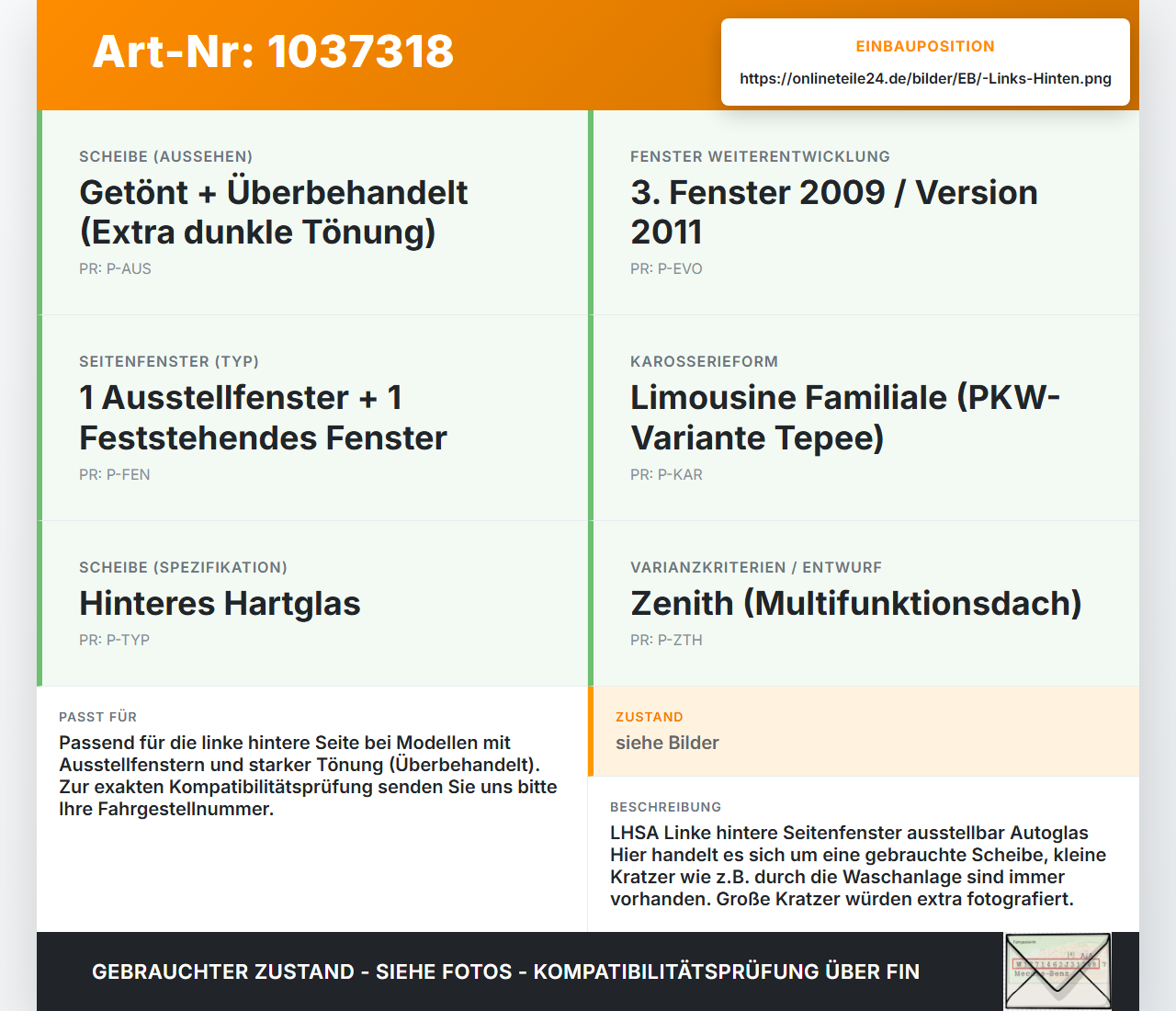 Peugeot Partner Tepee 08-12 Seitenscheibe Ausstell  Scheibe Links Hinten Peugeot Partner Tepee 08-12 07.06.2011... Vorschau 3