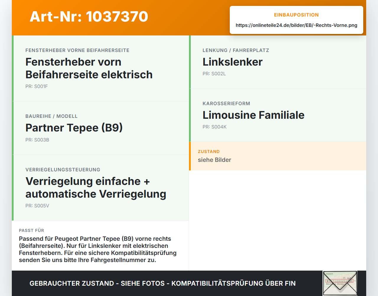 Peugeot Partner Tepee 08-12 Fensterhebermotor mit Fensterheber Rechts Vorne Peugeot Partner Tepee 08-12 07.06.2011... Vorschau 3