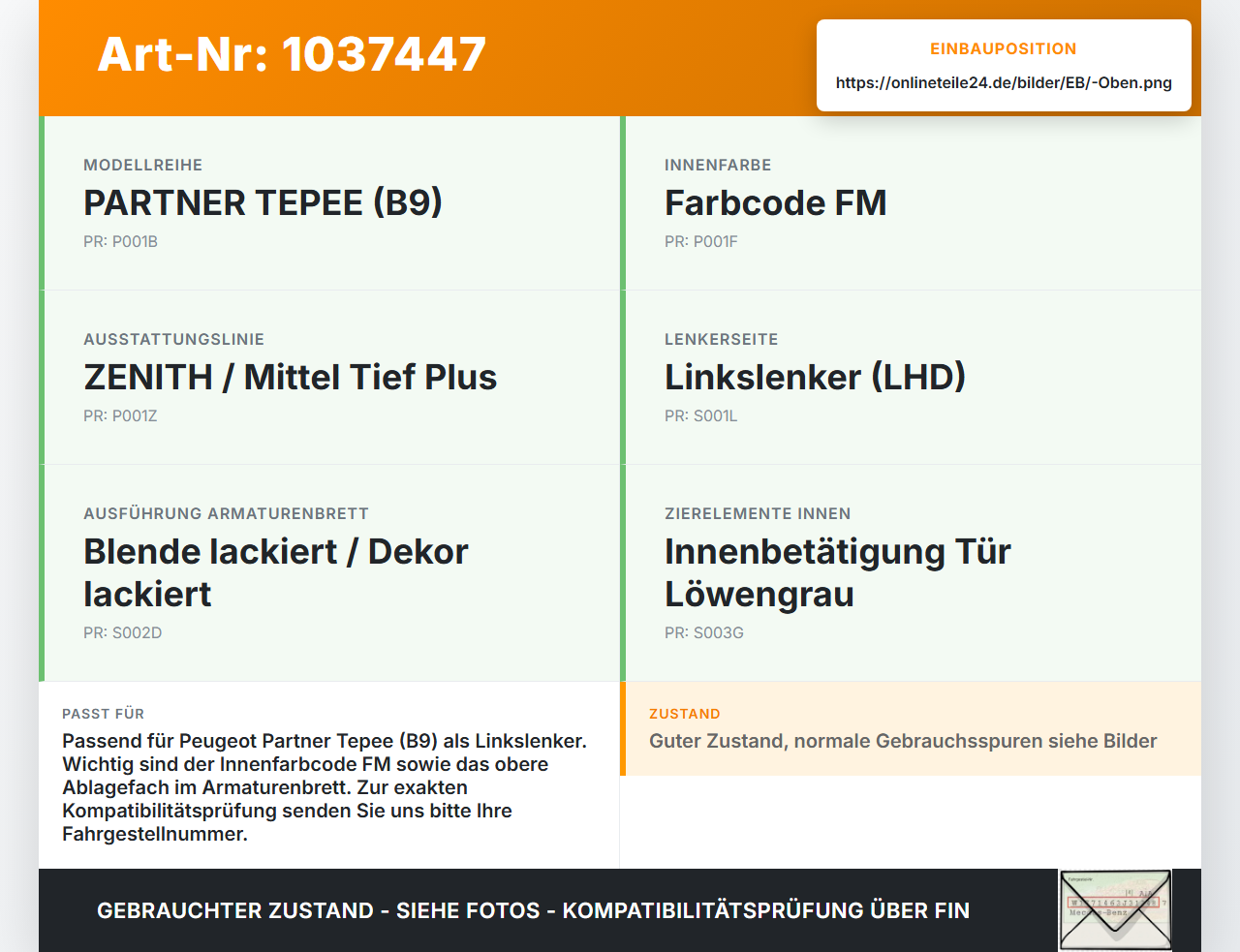 Peugeot Partner Tepee 08-12 Handschuhfach Deckel Klappe Ablagefach oben Peugeot Partner Tepee 08-12 07.06.2011 gebraucht Vorschau 3