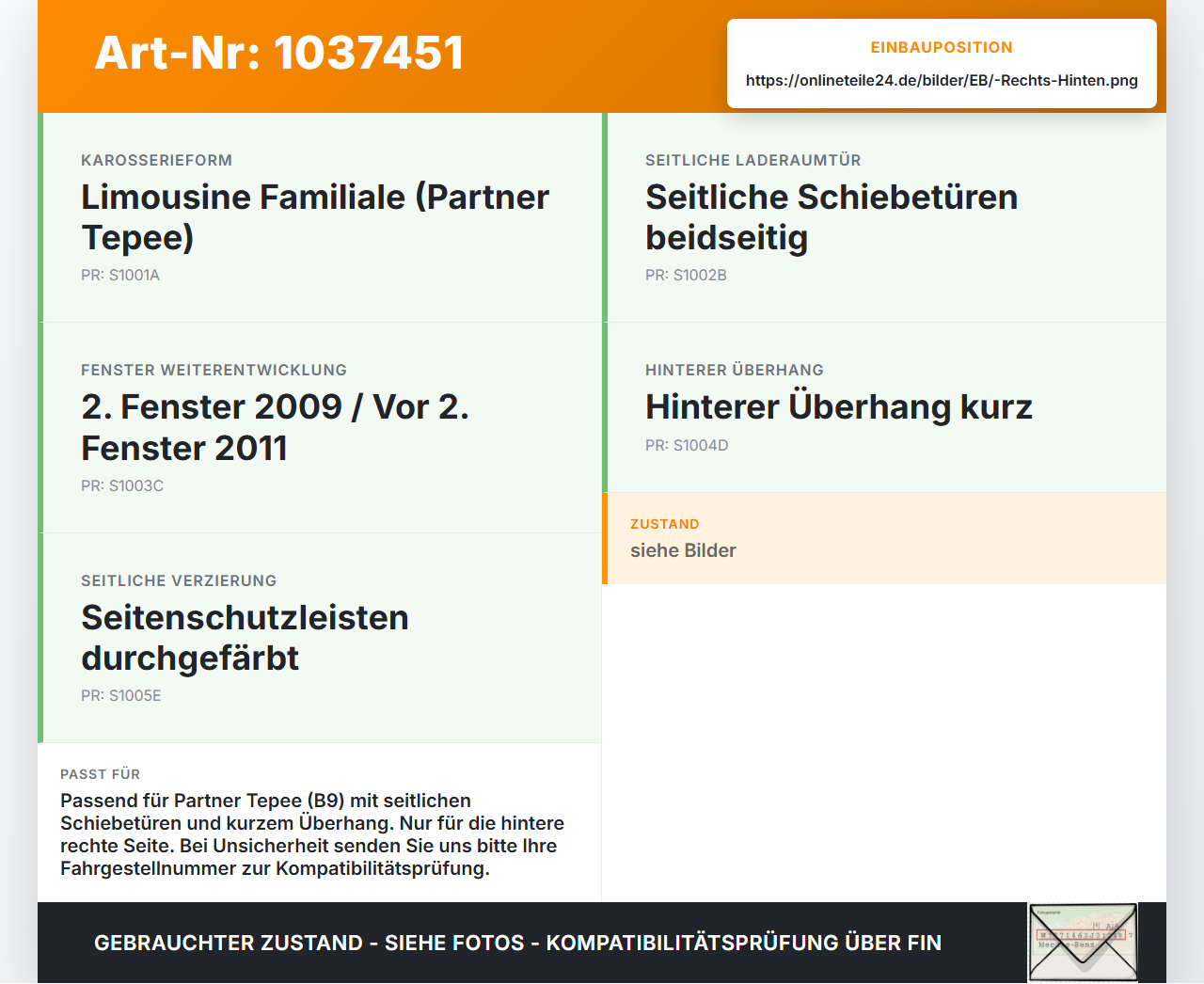 Peugeot Partner Tepee 08-12 Dichtung für Tür Hinten Rechts Peugeot Partner Tepee 08-12 07.06.2011 gebraucht Vorschau 3